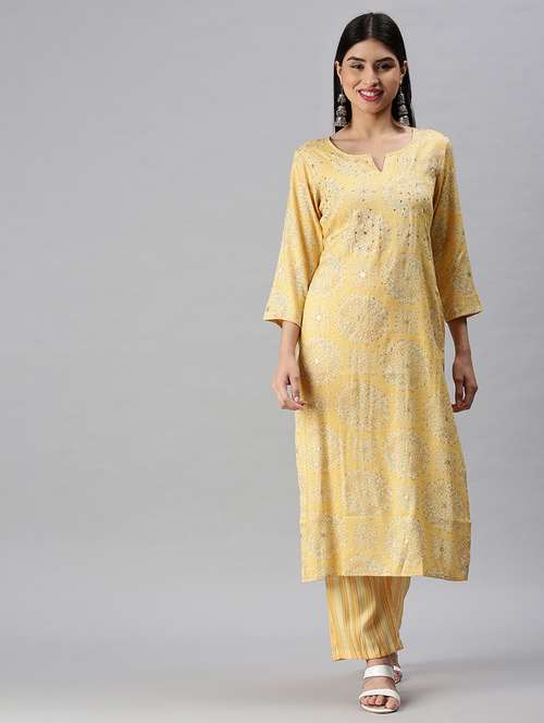 yellow cotton blend kurta pant set - 18285563 - Very Small Image - 1