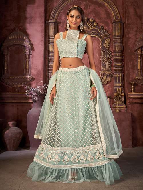sea green self design lehenga choli with dupatta - 18317754 - Very Small Image - 1