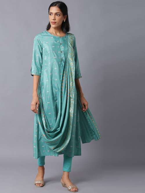 w women green festive floral print shantung kurta with tight - 18407090 - Very Small Image - 1