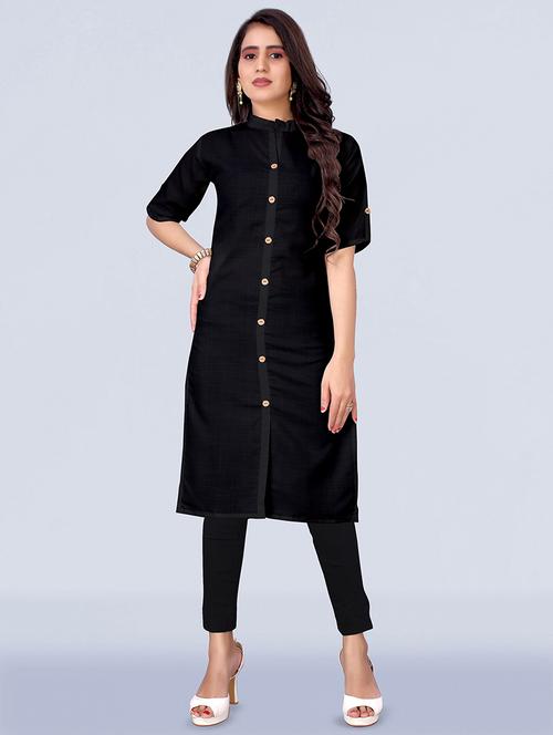 black solid front slit kurta - 18411282 - Very Small Image - 1
