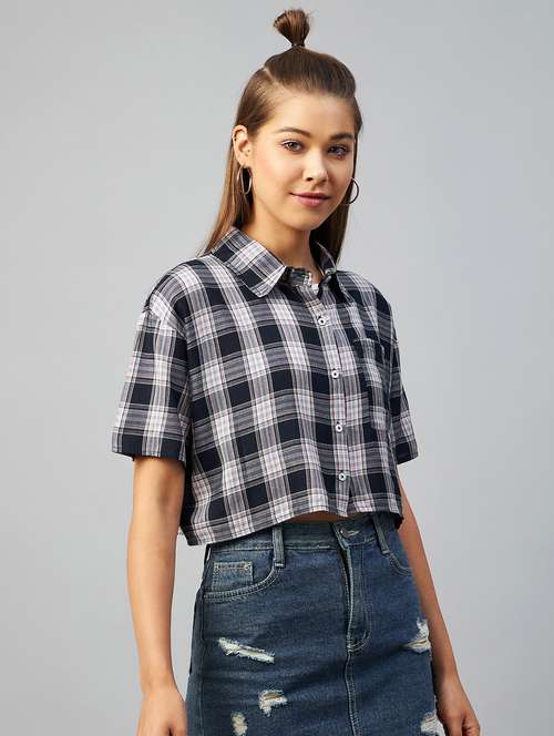 straight hem checkered crop shirt - 18426981 - Very Small Image - 1