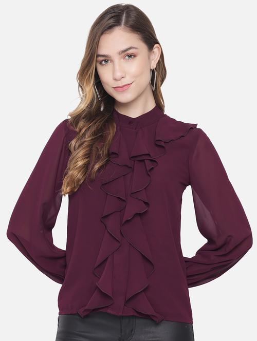 women's ruffle mandarin neck top - 18450235 - Very Small Image - 1