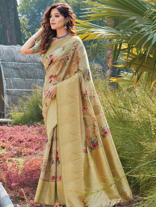 golden zari work floral woven saree - 18458168 - Very Small Image - 1
