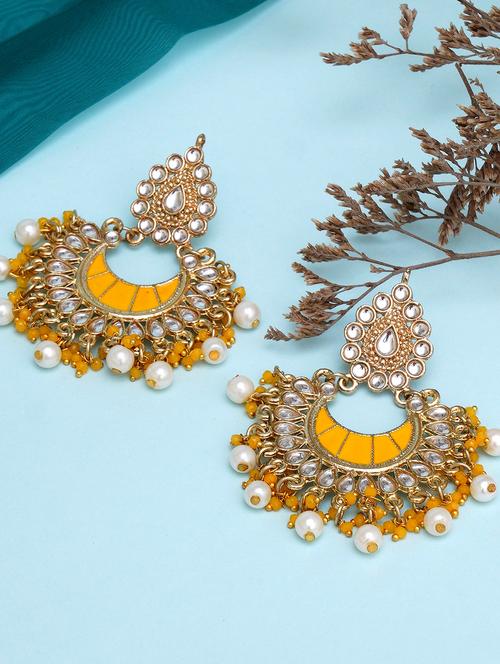 gold plated yellow meena kundan chandbali earrings - 18633249 - Very Small Image - 1