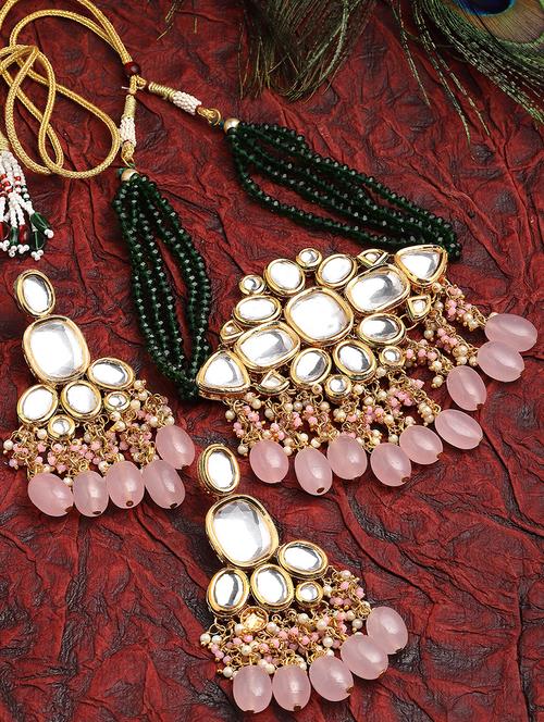 karatcart gold polki kundan pink tumble choker necklace set - 18635908 - Very Small Image - 1