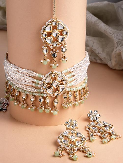 gold plated necklaces earring maang tikka set - 18636070 - Very Small Image - 1