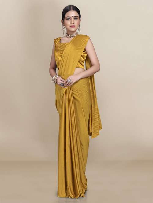 women's solid mustard colored saree with blouse - 18642627 - Very Small Image - 1