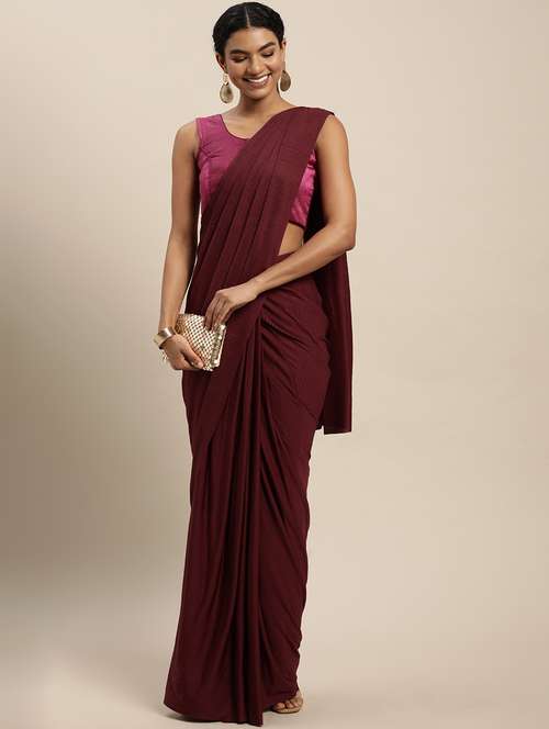 women's solid maroon colored saree with blouse - 18643036 - Very Small Image - 1