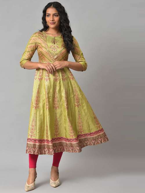 w women green festive floral print karnatka silk anarkali kurta with tight - 18718398 - Very Small Image - 1