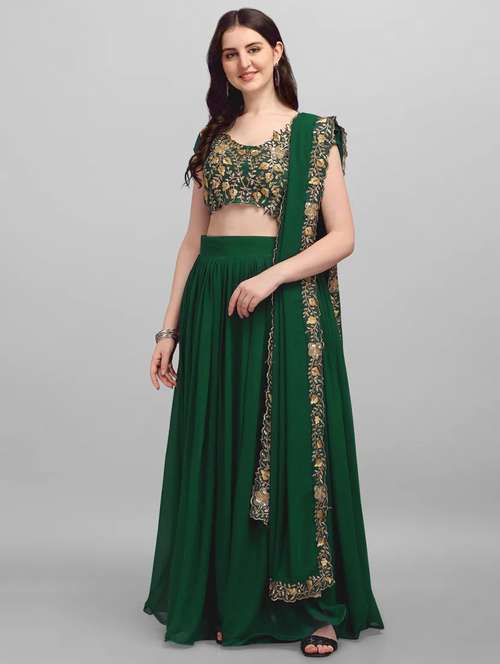 green embroidered flared lehenga set - 19142640 - Very Small Image - 1