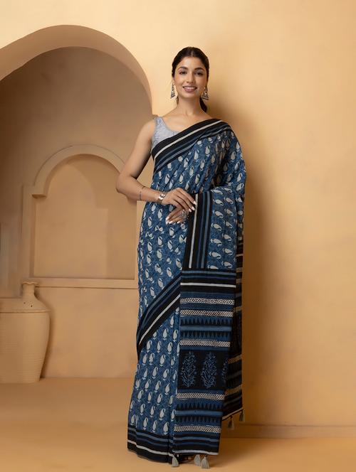 women dabu printed indigo saree with blouse - 19179088 - Very Small Image - 1