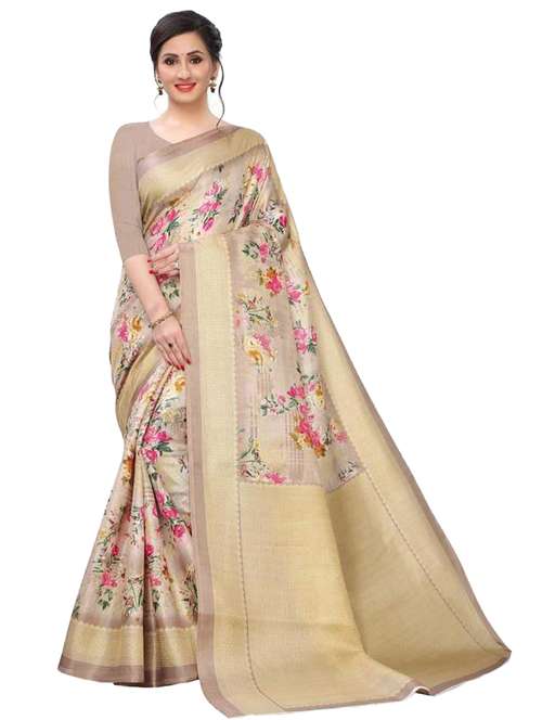 women's floral beige colored saree with blouse - 19261761 - Very Small Image - 1