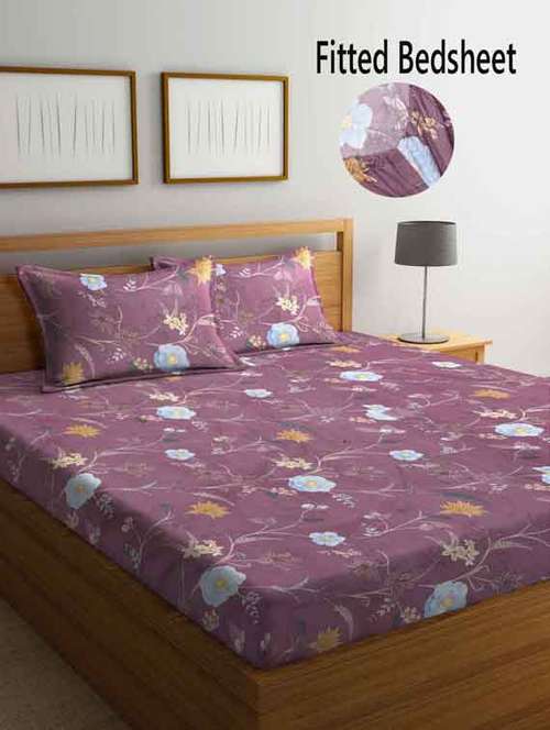 fabinaliv multicolor floral 210 tc cotton blend king size fitted double bedsheet with 2 pillow covers - 19511415 - Very Small Image - 1