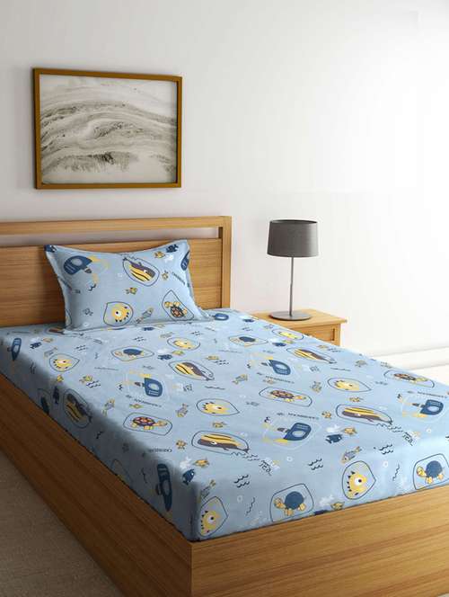 fabinaliv multicolor cartoon print 210 tc cotton blend single bedsheet with pillow cover - 19511528 - Very Small Image - 1
