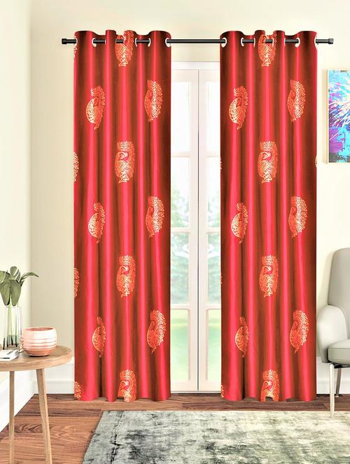 home sizzler 2 pieces hand block gold peacock printed eyelet polyester door curtains-7 feet, maroon - 19643298 - Very Small Image - 1
