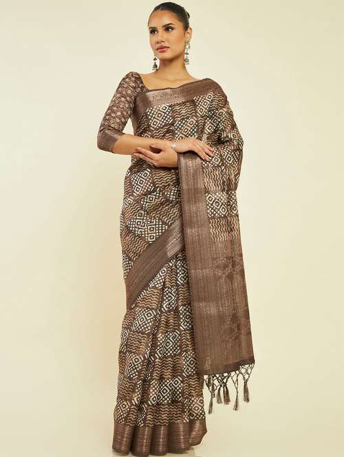 women's printed brown colored saree - 19665581 - Very Small Image - 1