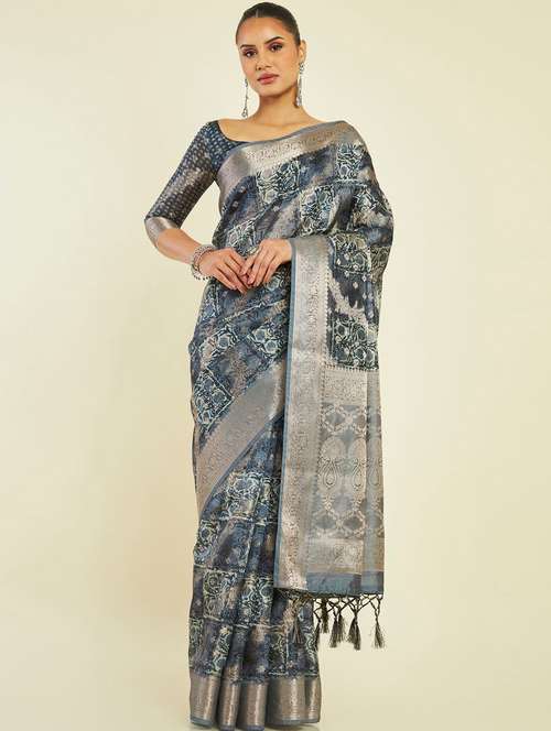 women's self design navy blue colored saree with blouse - 19665585 - Very Small Image - 1