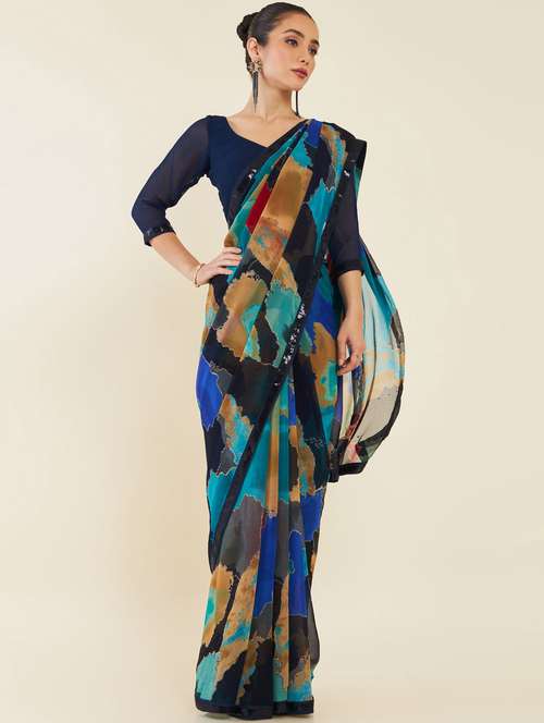 women's abstract multi colored saree with blouse - 19665644 - Very Small Image - 1