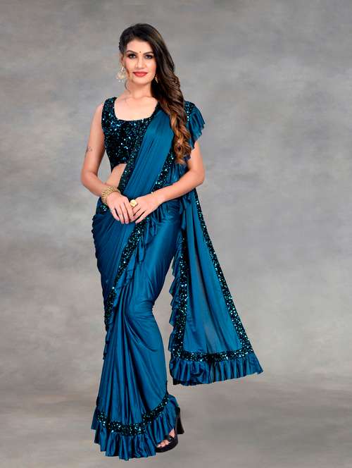 women's bordered teal colored saree with blouse - 19812831 - Very Small Image - 1