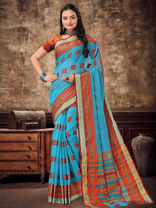 women's self design blue colored saree with blouse - 19870552 - Very Small Image - 1