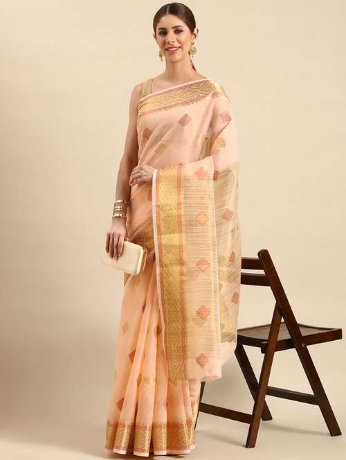 women's geometric peach colored saree - 19891415 - Very Small Image - 1