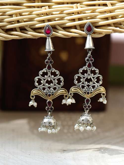 red silver tone brass jhumka - 19895031 - Very Small Image - 1
