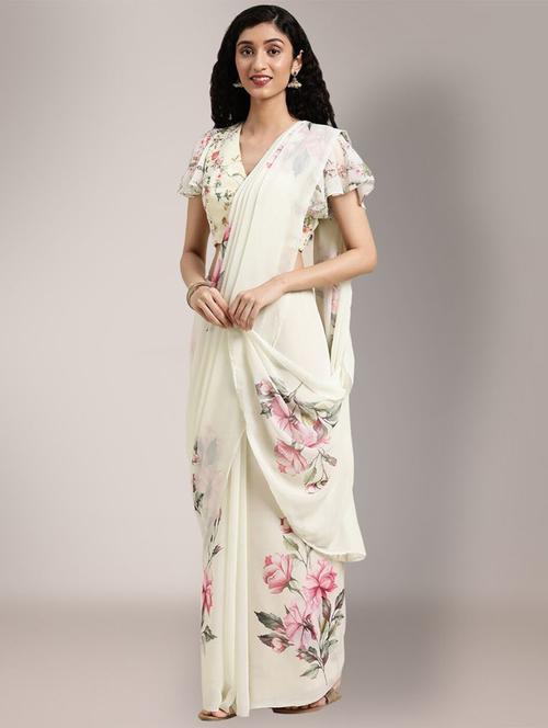 women's floral off white colored saree with blouse - 19925179 - Very Small Image - 1