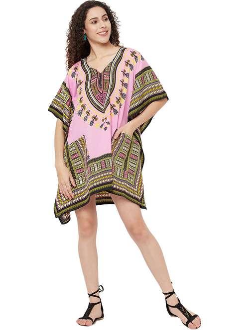 pink relaxed fit notch neck printed kaftan dress - 19937249 - Very Small Image - 1