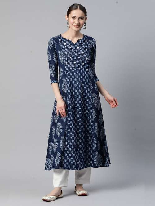 blue cotton aline kurta - 19943125 - Very Small Image - 1