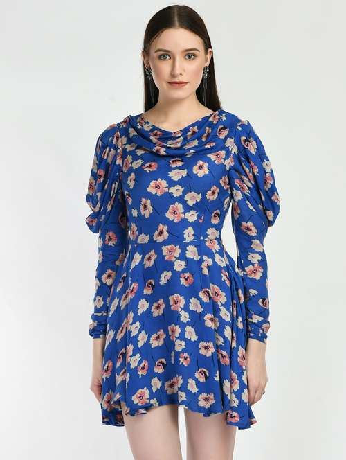 blue printed fit & flare dress - 19988488 - Very Small Image - 1