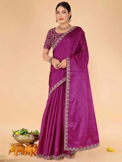 solid bordered saree with blouse - 20019311 - Very Small Image - 1