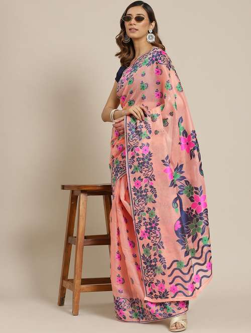 women's self design peach colored saree with blouse - 20122841 - Very Small Image - 1