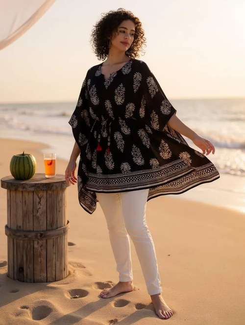 black printed notch neck kaftan - 20132853 - Very Small Image - 1