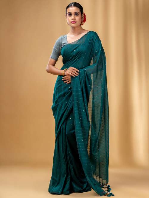 women's solid with work teal colored saree with blouse - 20163542 - Very Small Image - 1