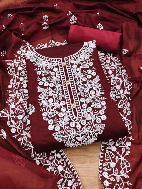 maroon embroidered unstitched suit set - 20176531 - Very Small Image - 1