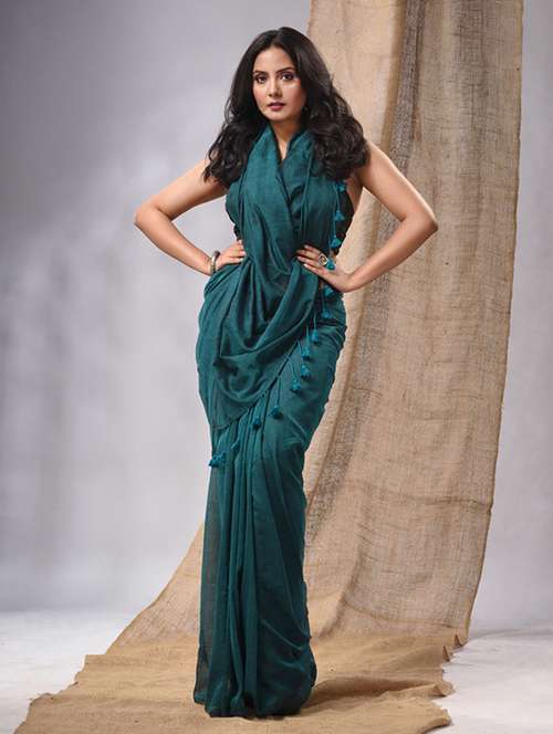 teal green plain saree with tassels - 20225325 - Very Small Image - 1