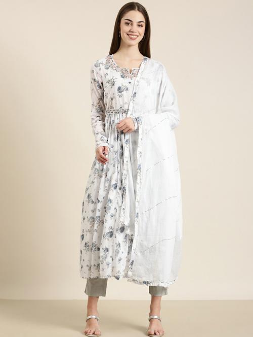 white floral printed flared kurta - 20252593 - Very Small Image - 1