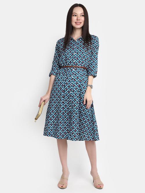 women blue shirt collar printed a-line dress - 20285771 - Very Small Image - 1
