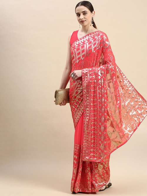 women's foil print coral colored saree with blouse - 20303126 - Very Small Image - 1