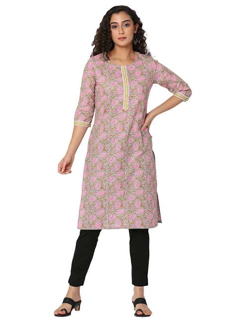 women pink florals printed straight kurta - 20319669 - Very Small Image - 1