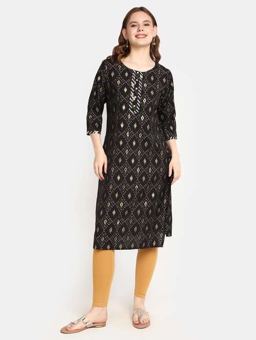women black round neck straight kurta - 20319765 - Very Small Image - 1