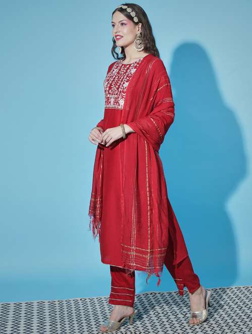 red colored kurta pant set - 20330039 - Very Small Image - 1