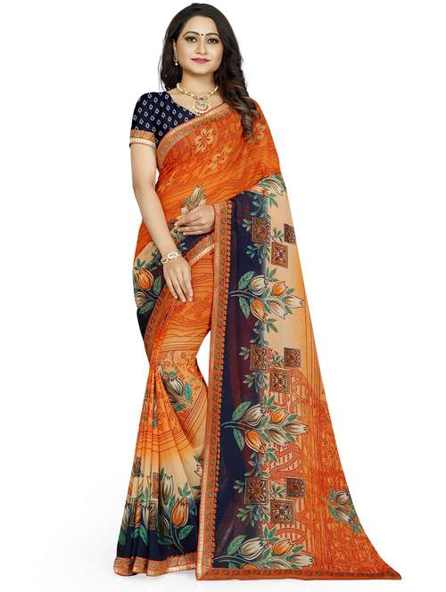 women's floral orange colored saree with blouse - 20335903 - Very Small Image - 1
