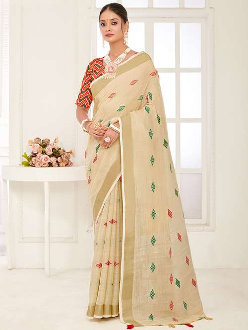 women's self design cream colored saree with blouse - 20363426 - Very Small Image - 1