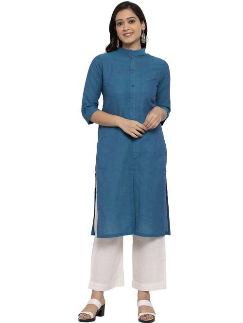 blue solid mandrain neck straight kurta - 20376004 - Very Small Image - 1