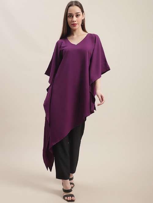 women solid v neck kaftan tunic - 20384118 - Very Small Image - 1