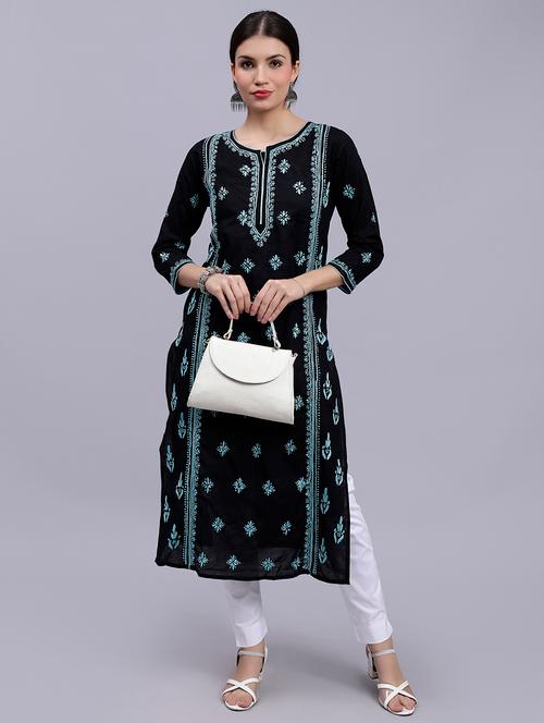 black three quarter sleeve chikankari kurta - 20494997 - Very Small Image - 1