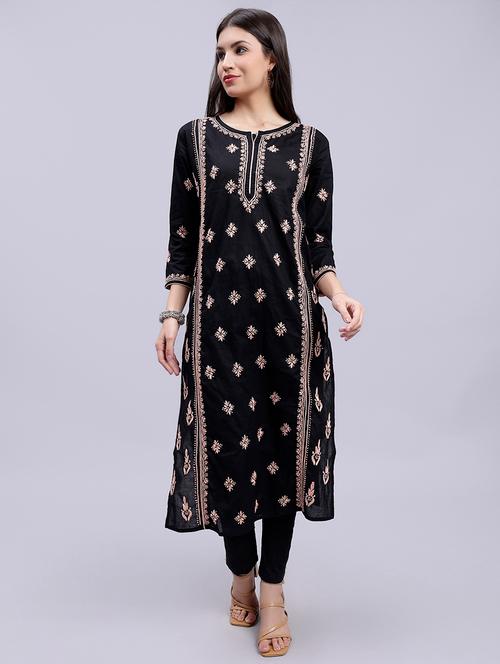 black three quarter sleeve chikankari kurta - 20494998 - Very Small Image - 1