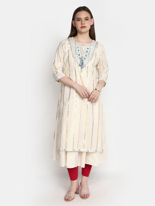 white embroidered work cotton layered kurta - 20594664 - Very Small Image - 1