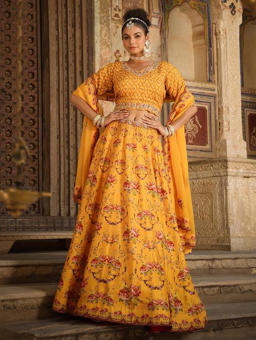 mustard floral flared stitched lehnga - 20605483 - Very Small Image - 1